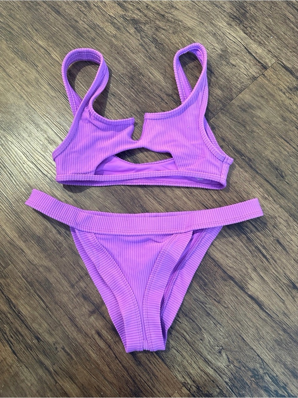 Frankie's Bikinis Purple Ribbed Cutout Cole Set